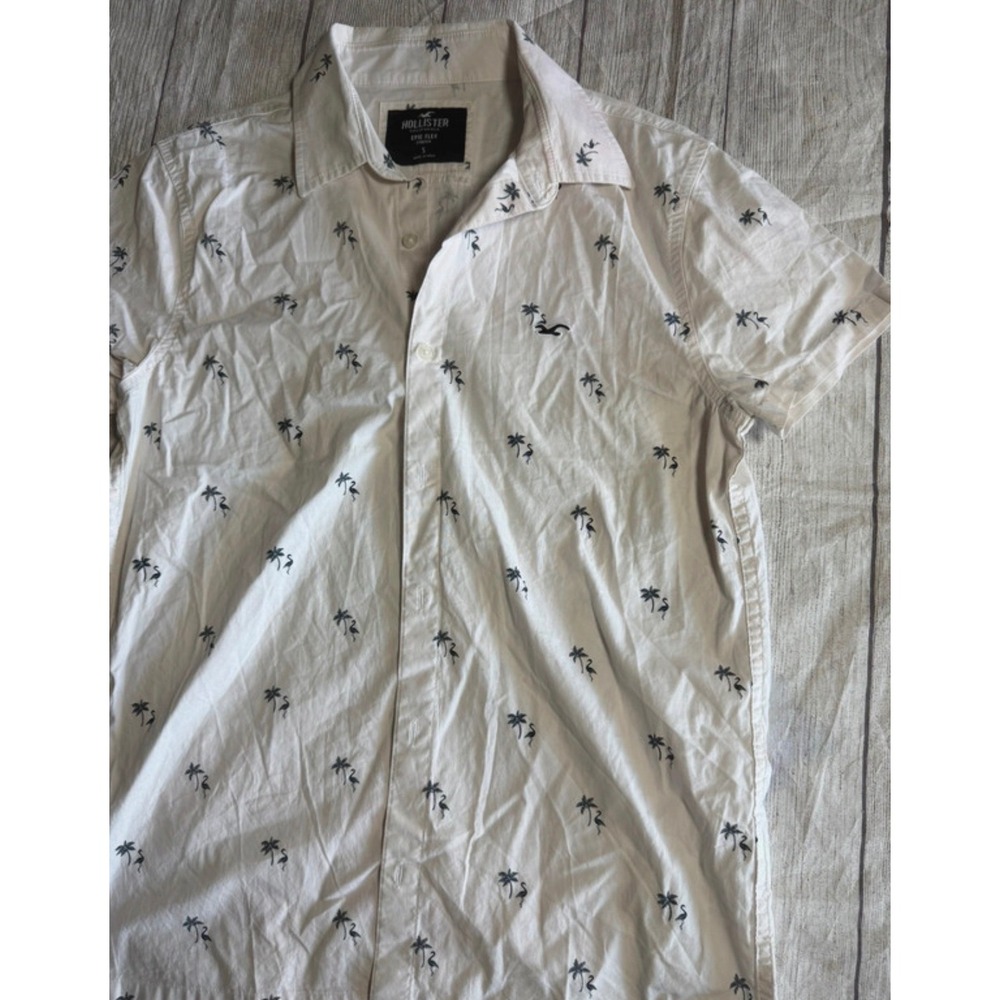 Hollister Mens Small White Palm Tree Flamingo Print Short Sleeve Button Down